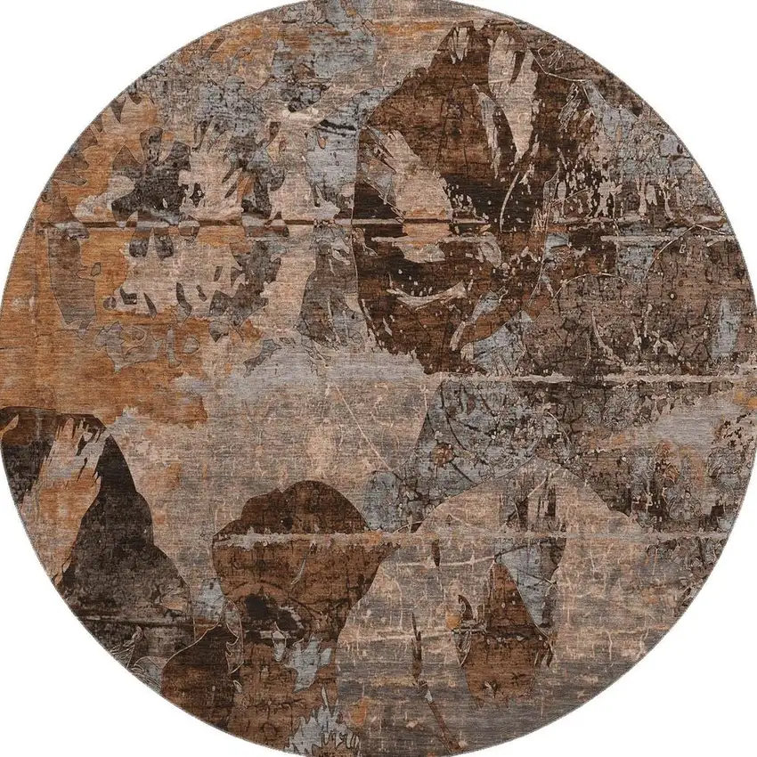 8' Terra Cotta And Gray Abstract Washable Round Rug With UV Protection Photo 4