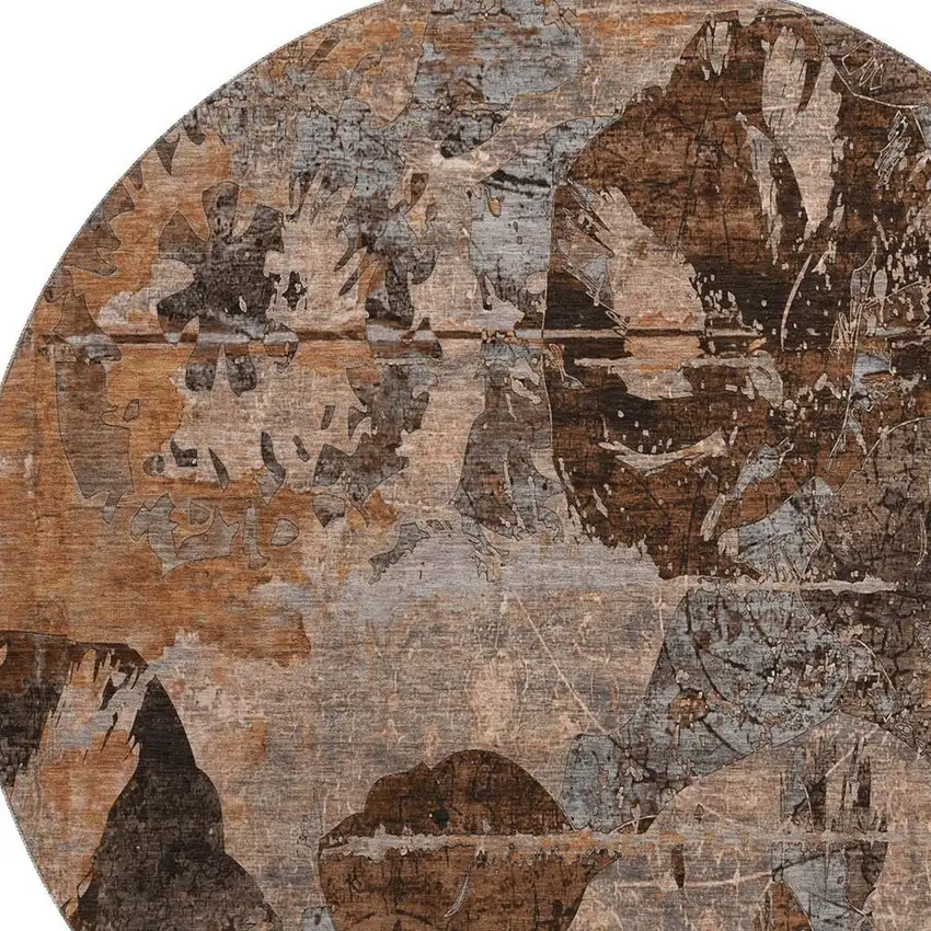 8' Terra Cotta And Gray Abstract Washable Round Rug With UV Protection Photo 3