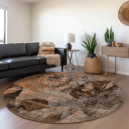8' Terra Cotta And Gray Abstract Washable Round Rug With UV Protection Photo 5