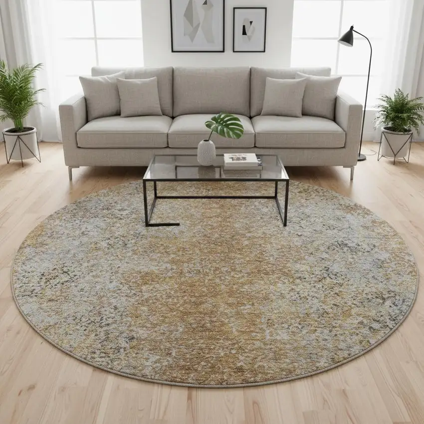 8' Terra Cotta And Gray Abstract Washable Round Rug With UV Protection Photo 2