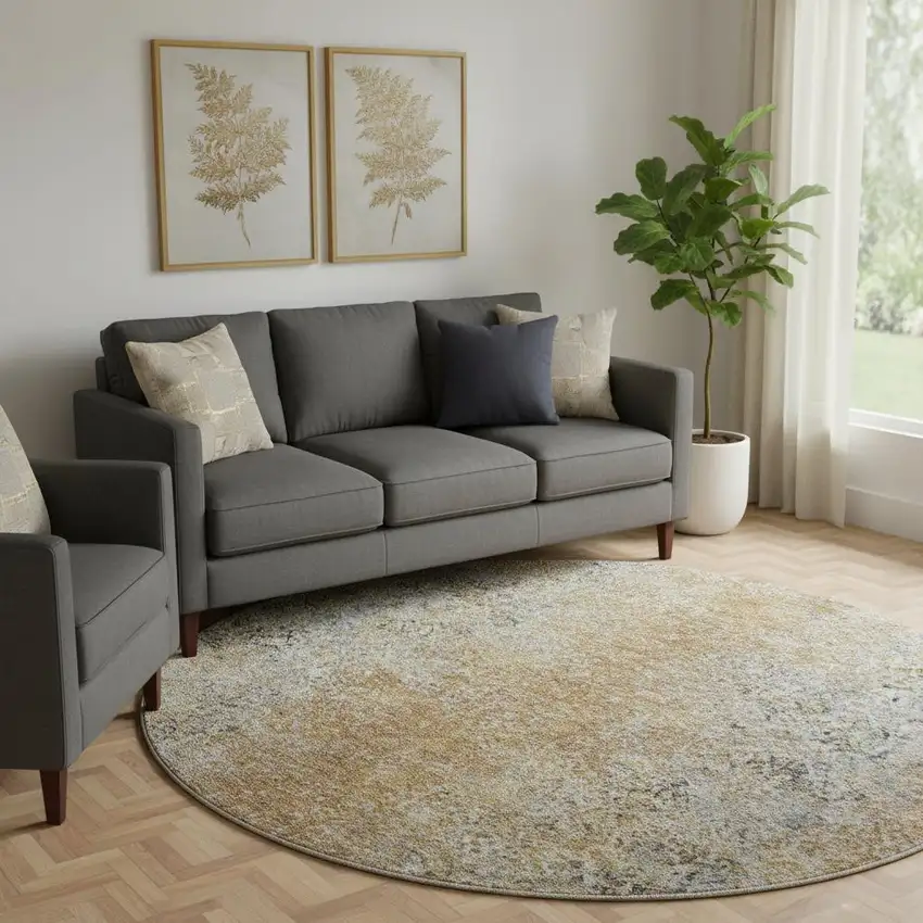 8' Terra Cotta And Gray Abstract Washable Round Rug With UV Protection Photo 1