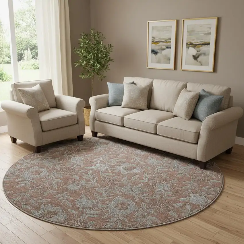 8' Terra Cotta And Gray Floral Washable Round Rug With UV Protection Photo 1
