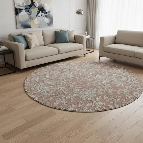 8' Terra Cotta And Gray Floral Washable Round Rug With UV Protection Photo 2