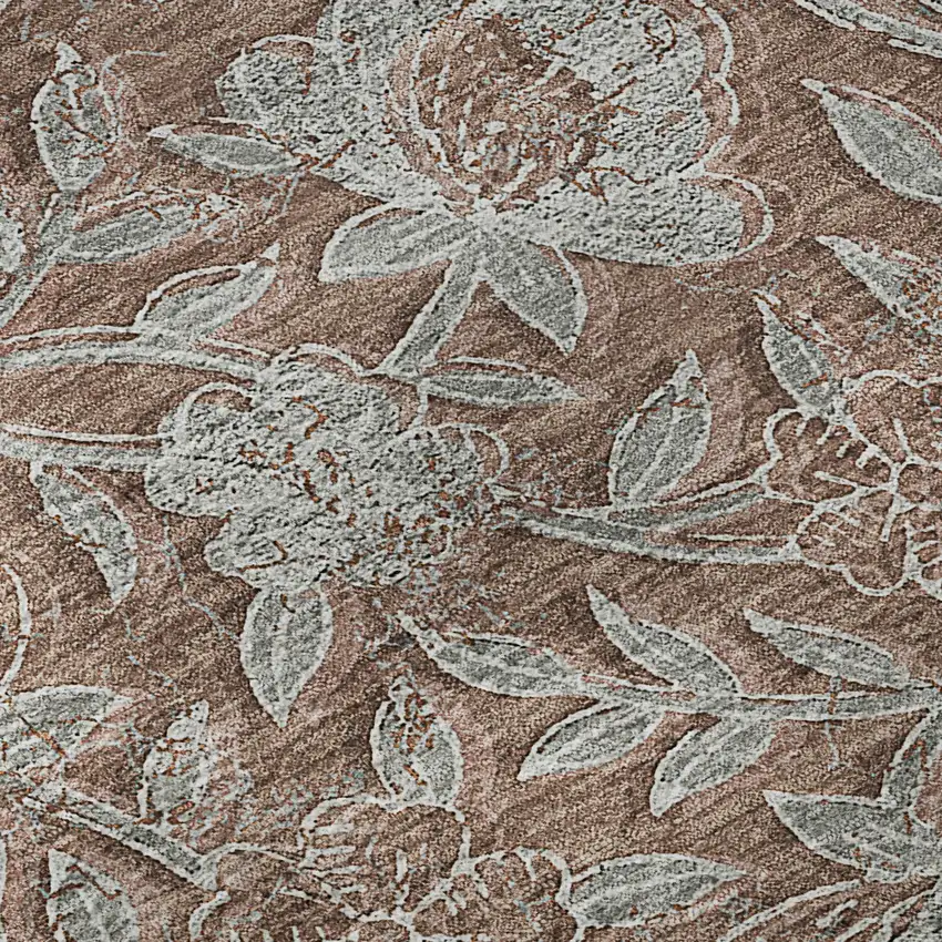 8' Terra Cotta And Gray Floral Washable Round Rug With UV Protection Photo 9