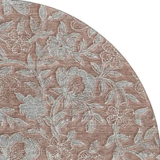 8' Terra Cotta And Gray Floral Washable Round Rug With UV Protection Photo 4
