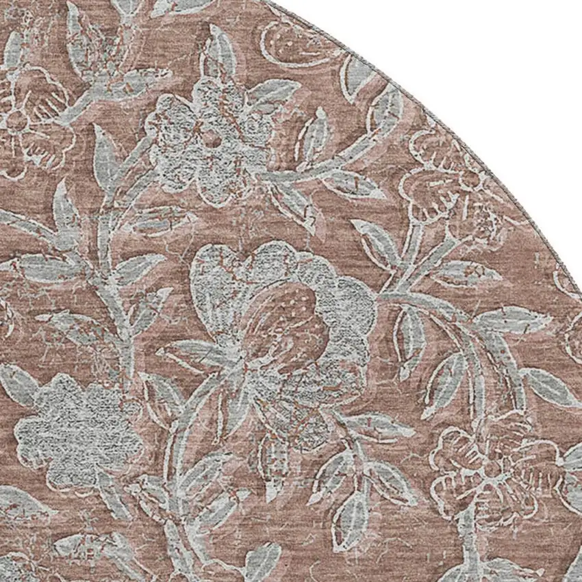 8' Terra Cotta And Gray Floral Washable Round Rug With UV Protection Photo 3