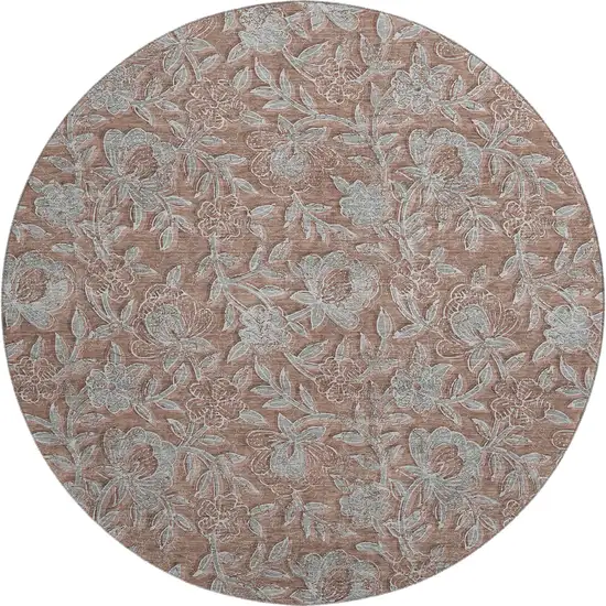 8' Terra Cotta And Gray Floral Washable Round Rug With UV Protection Photo 1