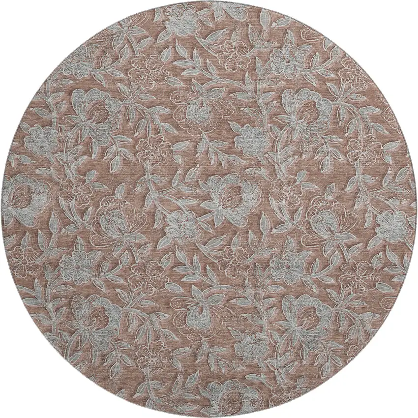 8' Terra Cotta And Gray Floral Washable Round Rug With UV Protection Photo 1