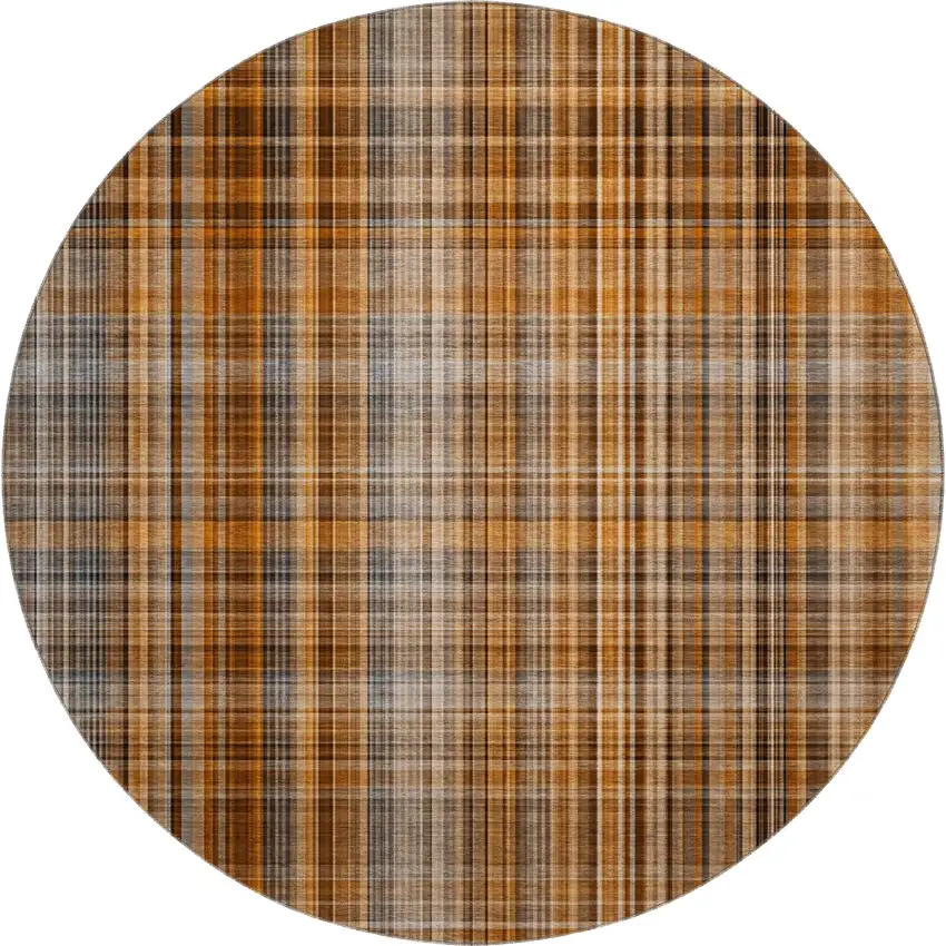 8' Terra Cotta And Gray Plaid Washable Round Rug With UV Protection Photo 1