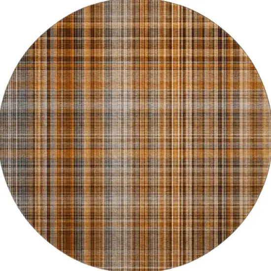 8' Terra Cotta And Gray Plaid Washable Round Rug With UV Protection Photo 3