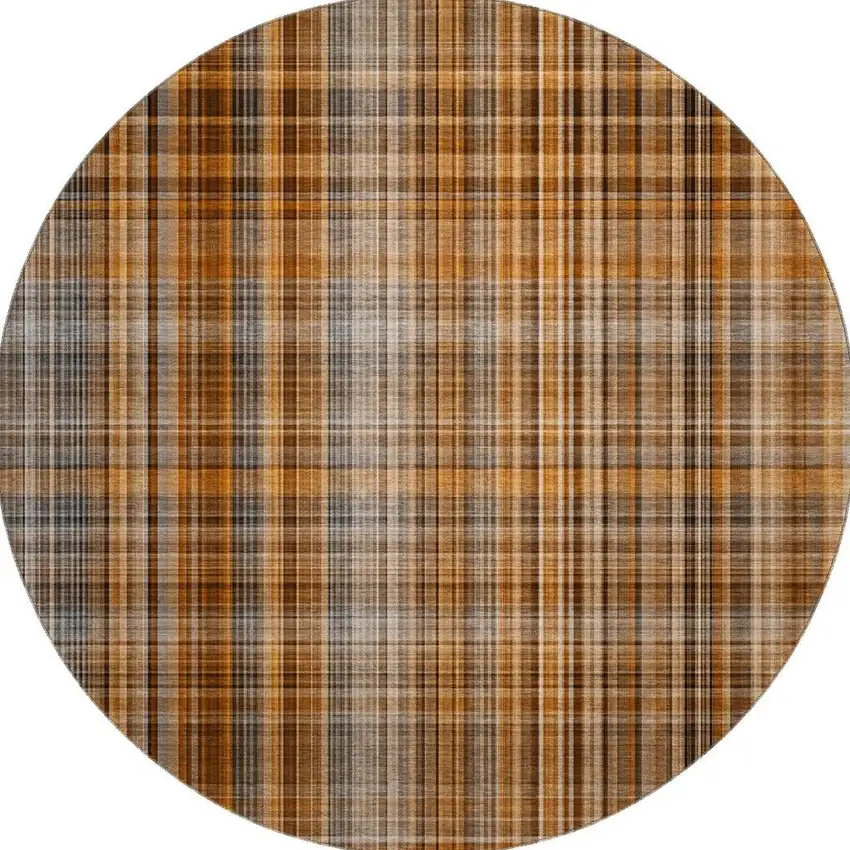 8' Terra Cotta And Gray Plaid Washable Round Rug With UV Protection Photo 3