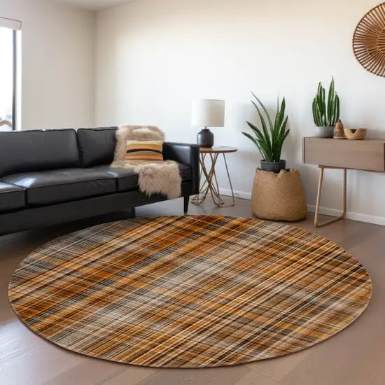 8' Terra Cotta And Gray Plaid Washable Round Rug With UV Protection Photo 5