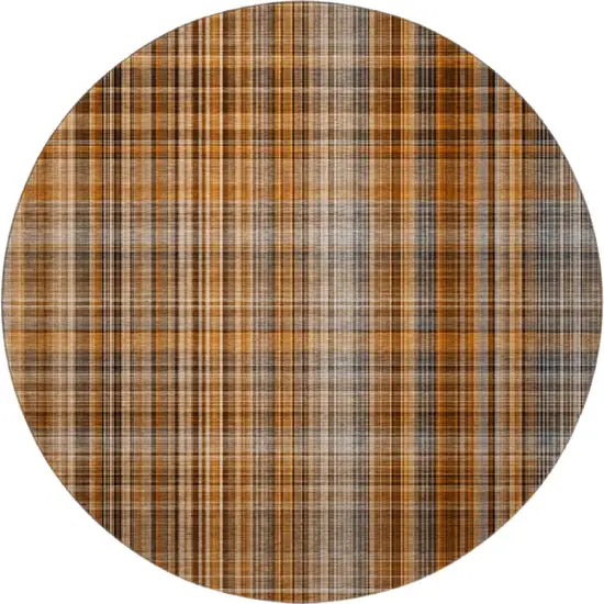 8' Terra Cotta And Gray Plaid Washable Round Rug With UV Protection Photo 4