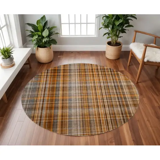 8' Terra Cotta And Gray Plaid Washable Round Rug With UV Protection Photo 2