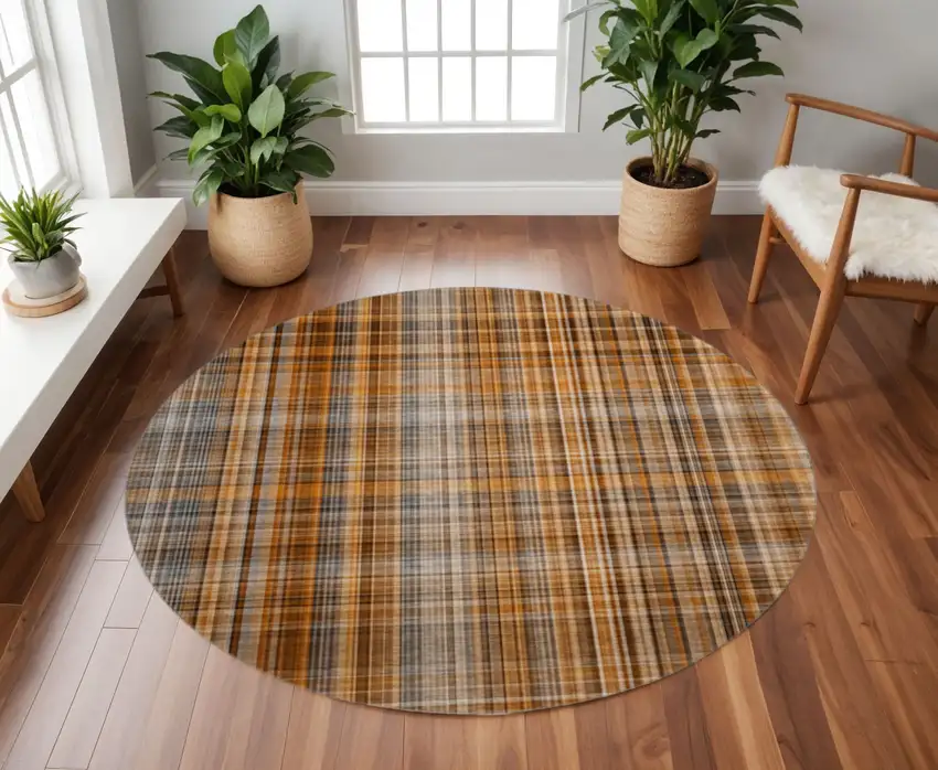 8' Terra Cotta And Gray Plaid Washable Round Rug With UV Protection Photo 2