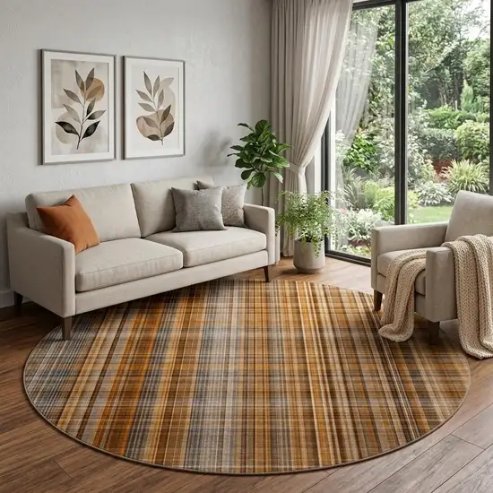 8' Terra Cotta And Gray Plaid Washable Round Rug With UV Protection Photo 1