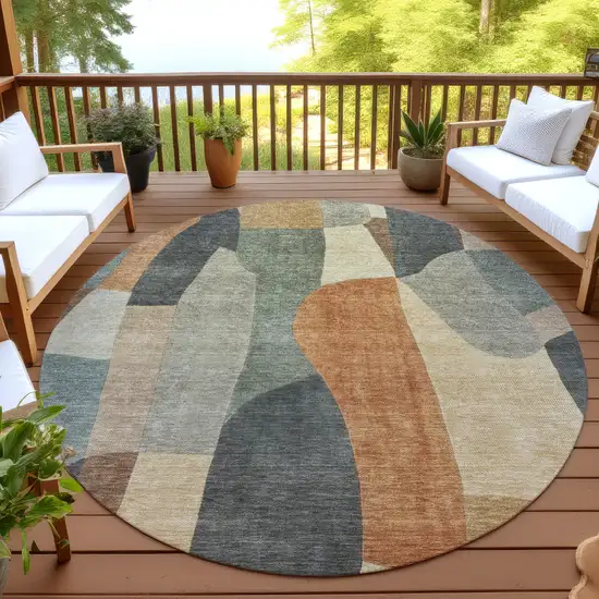 8' Terra Cotta And Gray Round Abstract Washable Indoor Outdoor Area Rug Photo 4