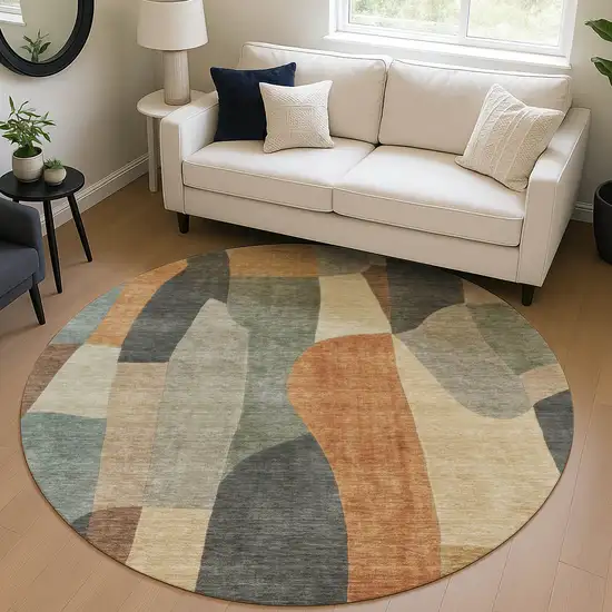 8' Terra Cotta And Gray Round Abstract Washable Indoor Outdoor Area Rug Photo 5