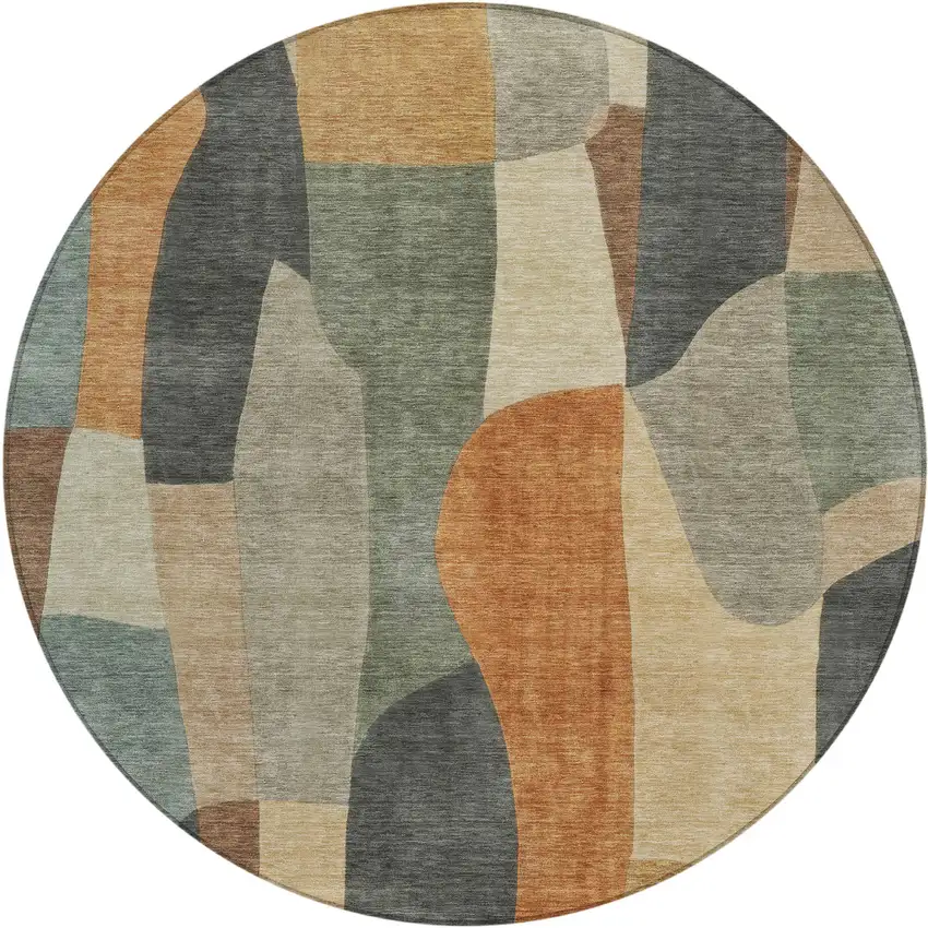 8' Terra Cotta And Gray Round Abstract Washable Indoor Outdoor Area Rug Photo 1