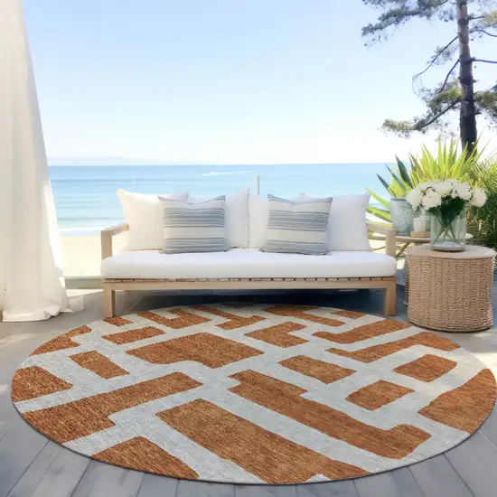8' Terra Cotta And Gray Round Abstract Washable Indoor Outdoor Area Rug Photo 7