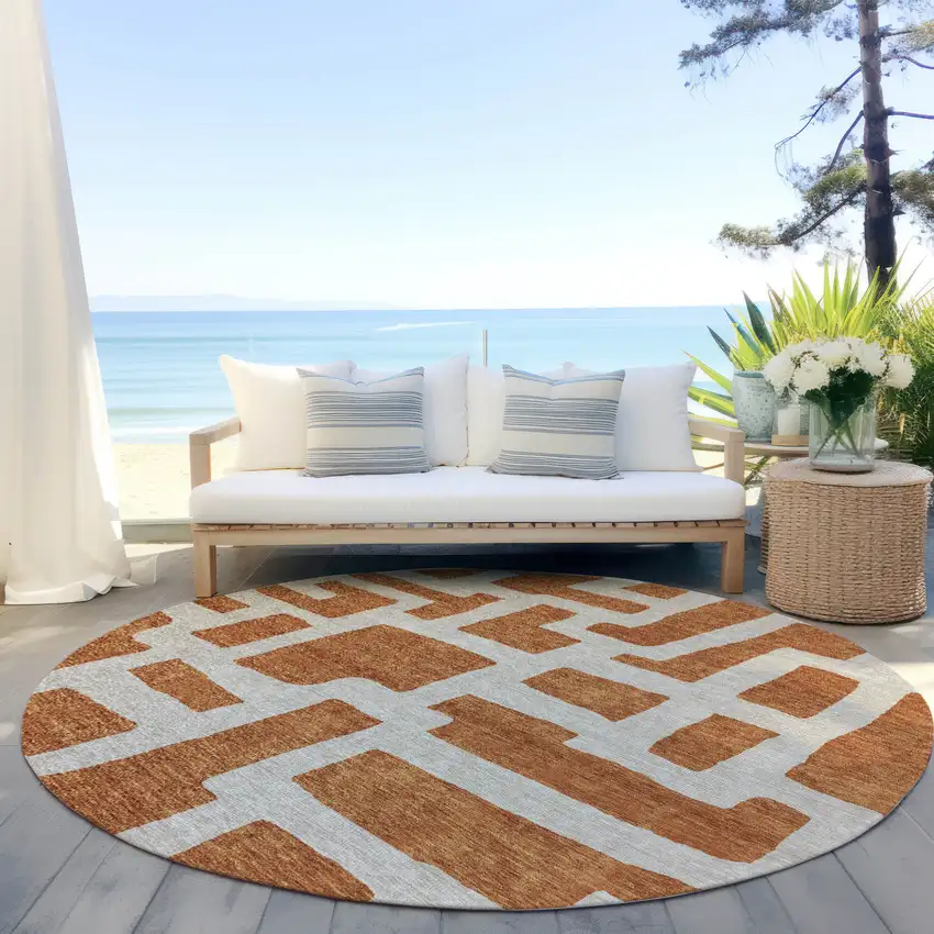 8' Terra Cotta And Gray Round Abstract Washable Indoor Outdoor Area Rug Photo 7