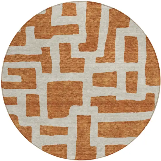 8' Terra Cotta And Gray Round Abstract Washable Indoor Outdoor Area Rug Photo 2