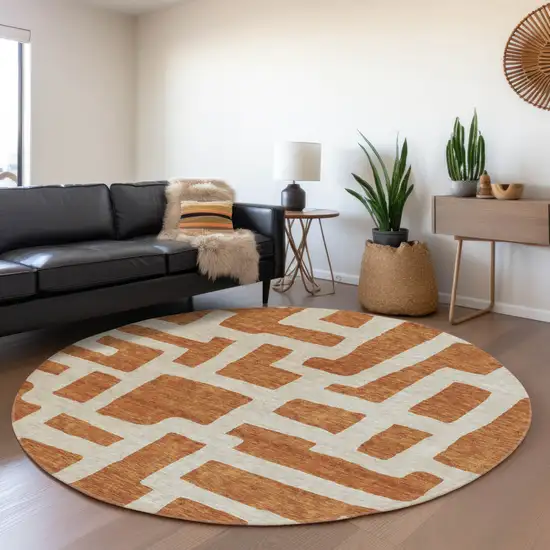 8' Terra Cotta And Gray Round Abstract Washable Indoor Outdoor Area Rug Photo 8