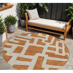 Photo of 8' Terra Cotta And Gray Round Abstract Washable Indoor Outdoor Area Rug