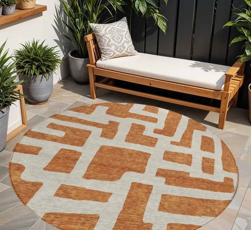 8' Terra Cotta And Gray Round Abstract Washable Indoor Outdoor Area Rug Photo 1