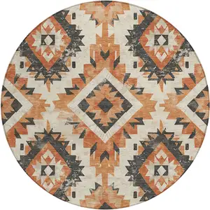 Photo of 8' Terra Cotta And Gray Round Aztec Washable Indoor Outdoor Area Rug