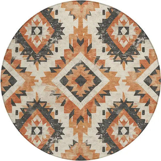 8' Terra Cotta And Gray Round Aztec Washable Indoor Outdoor Area Rug Photo 1
