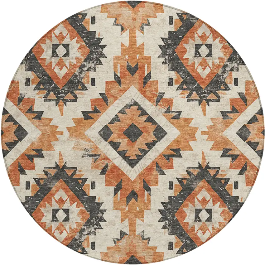 8' Terra Cotta And Gray Round Aztec Washable Indoor Outdoor Area Rug Photo 1