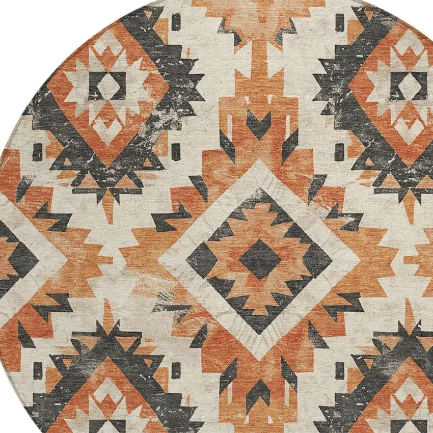 8' Terra Cotta And Gray Round Aztec Washable Indoor Outdoor Area Rug Photo 9
