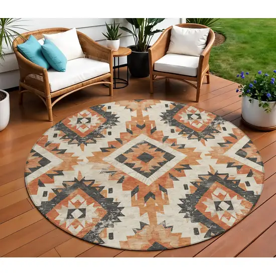 8' Terra Cotta And Gray Round Aztec Washable Indoor Outdoor Area Rug Photo 2