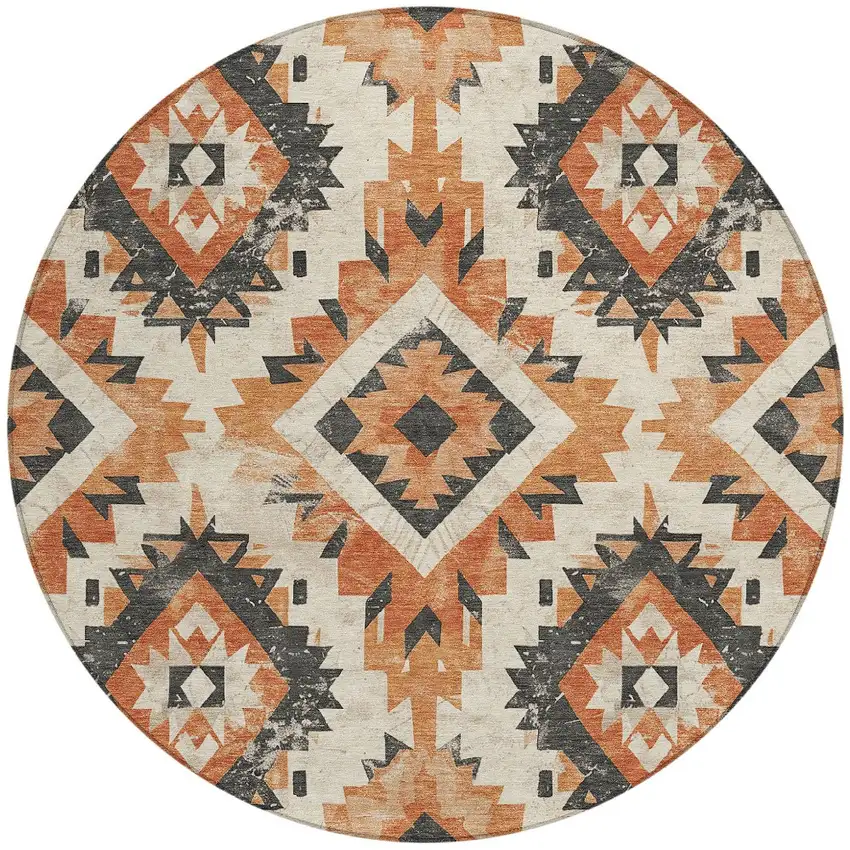8' Terra Cotta And Gray Round Aztec Washable Indoor Outdoor Area Rug Photo 3