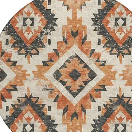8' Terra Cotta And Gray Round Aztec Washable Indoor Outdoor Area Rug Photo 4