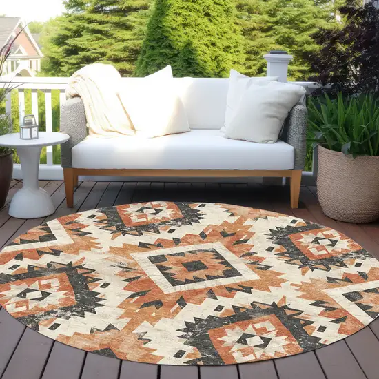 8' Terra Cotta And Gray Round Aztec Washable Indoor Outdoor Area Rug Photo 5