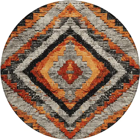 8' Terra Cotta And Gray Round Aztec Washable Indoor Outdoor Area Rug Photo 1