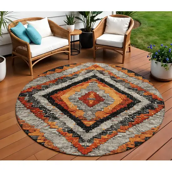 8' Terra Cotta And Gray Round Aztec Washable Indoor Outdoor Area Rug Photo 2
