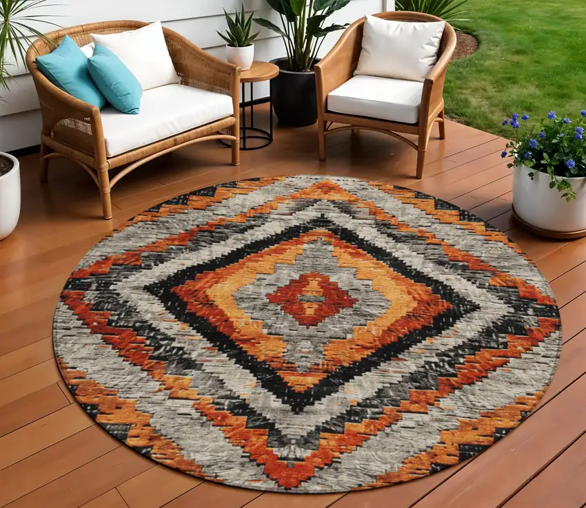 8' Terra Cotta And Gray Round Aztec Washable Indoor Outdoor Area Rug Photo 2
