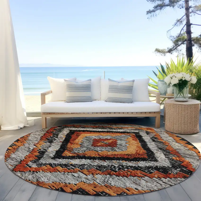 8' Terra Cotta And Gray Round Aztec Washable Indoor Outdoor Area Rug Photo 5