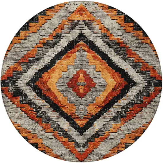 8' Terra Cotta And Gray Round Aztec Washable Indoor Outdoor Area Rug Photo 3