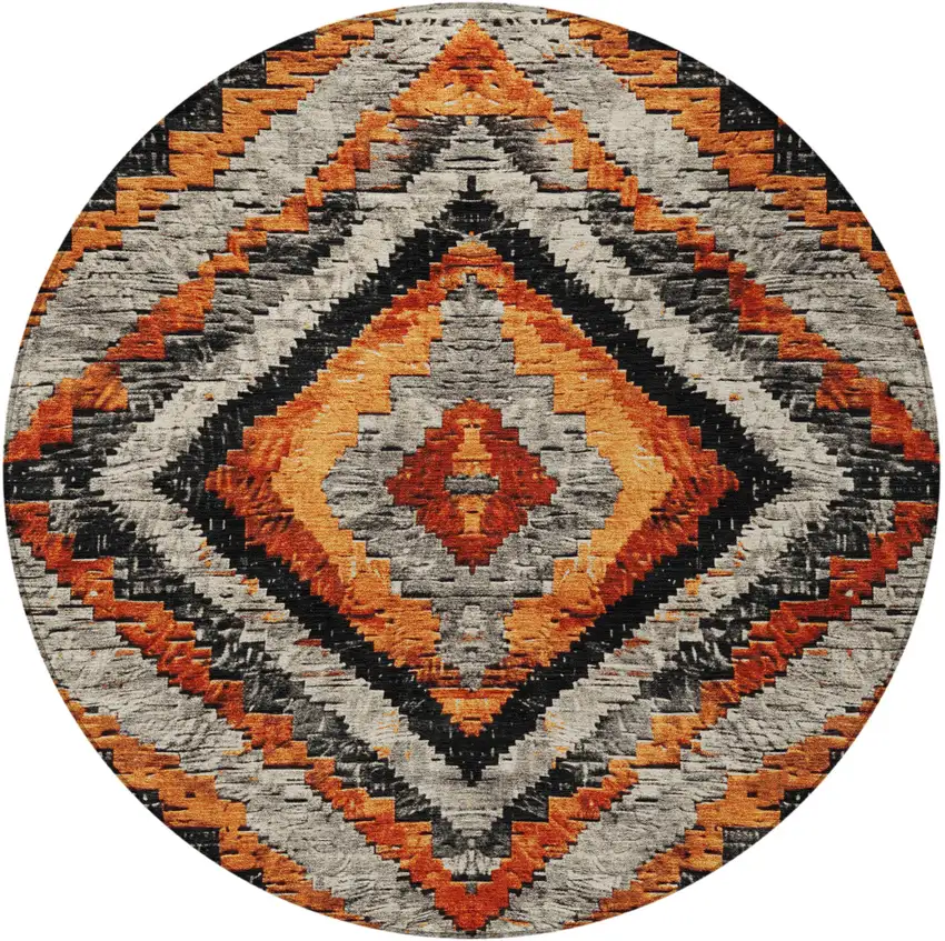 8' Terra Cotta And Gray Round Aztec Washable Indoor Outdoor Area Rug Photo 3