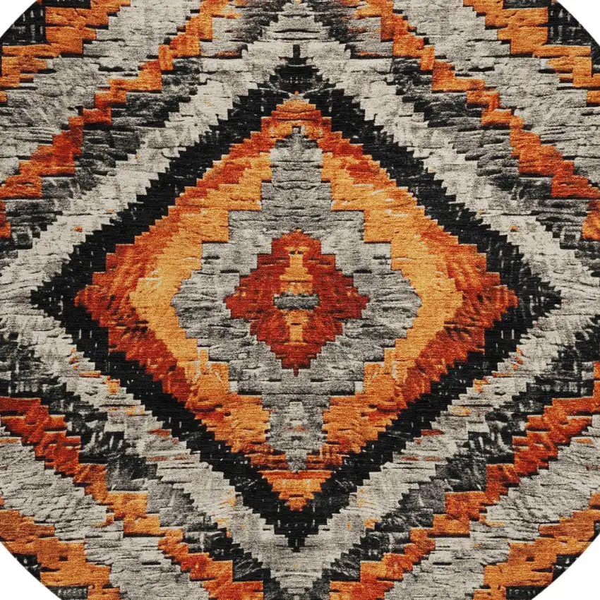 8' Terra Cotta And Gray Round Aztec Washable Indoor Outdoor Area Rug Photo 8