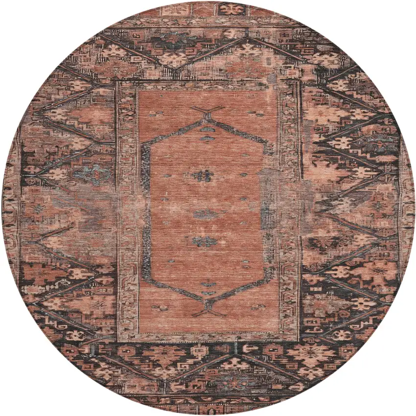 8' Terra Cotta And Gray Round Oriental Washable Indoor Outdoor Area Rug Photo 1