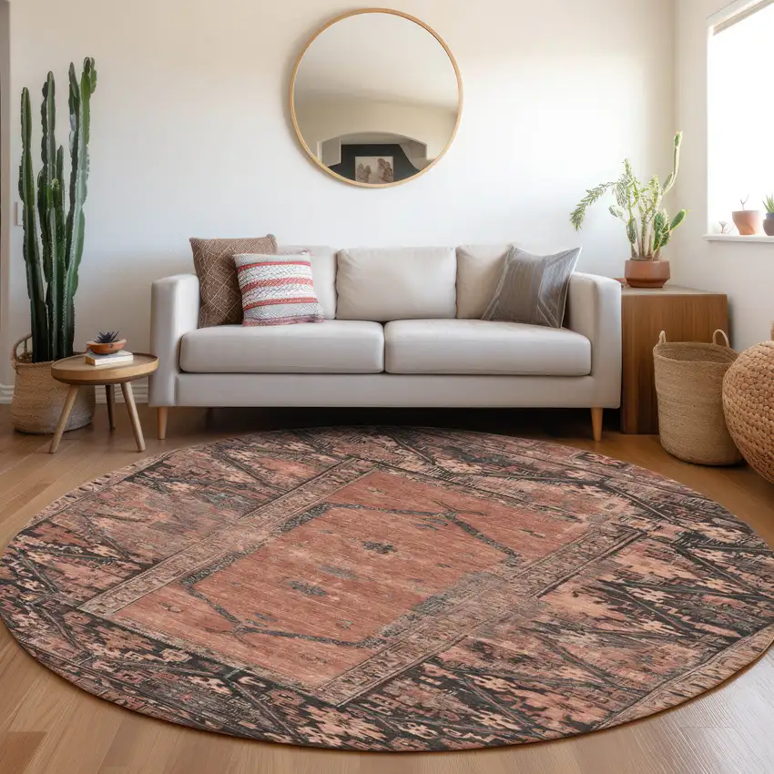 8' Terra Cotta And Gray Round Oriental Washable Indoor Outdoor Area Rug Photo 7