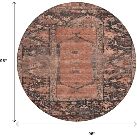 8' Terra Cotta And Gray Round Oriental Washable Indoor Outdoor Area Rug Photo 9