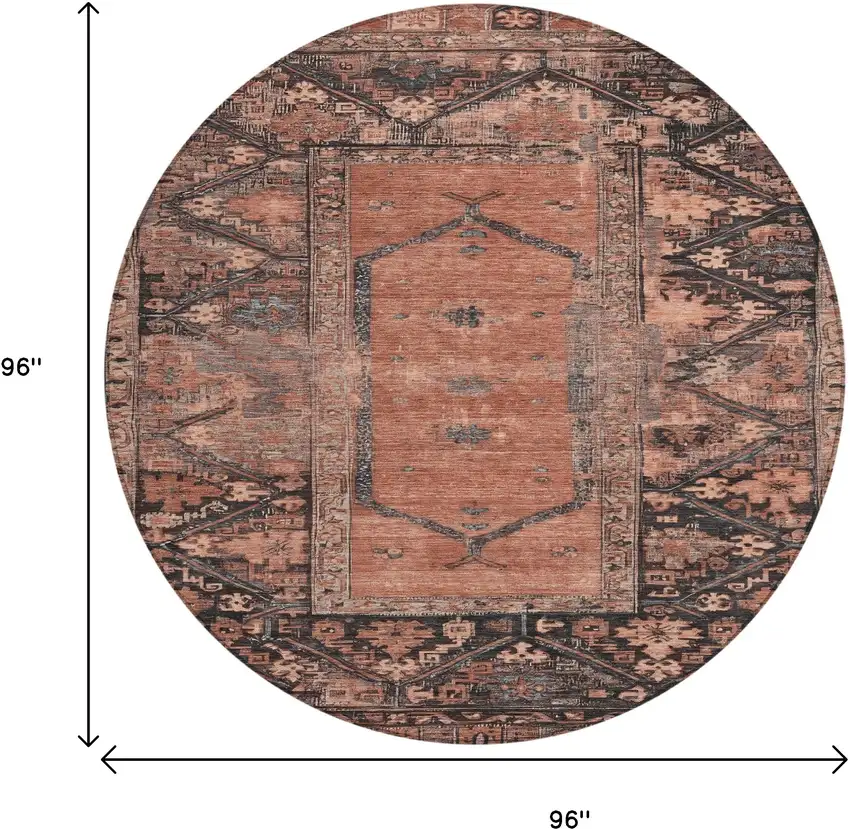 8' Terra Cotta And Gray Round Oriental Washable Indoor Outdoor Area Rug Photo 9