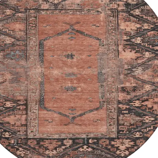 8' Terra Cotta And Gray Round Oriental Washable Indoor Outdoor Area Rug Photo 8