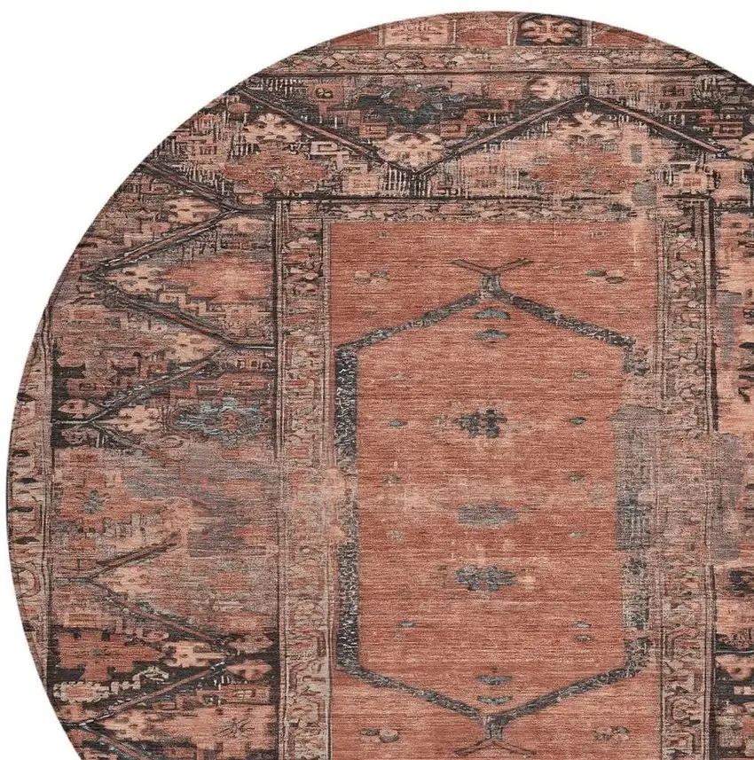 8' Terra Cotta And Gray Round Oriental Washable Indoor Outdoor Area Rug Photo 4